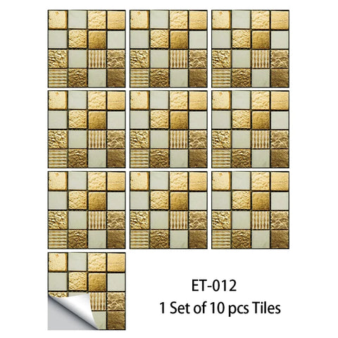 10pcs Flat Marble Mosaic Embossing Tiles Sticker Kitchen Bathroom Wall Decals Peel & Stick Waterproof Tile Art Wallpaper
